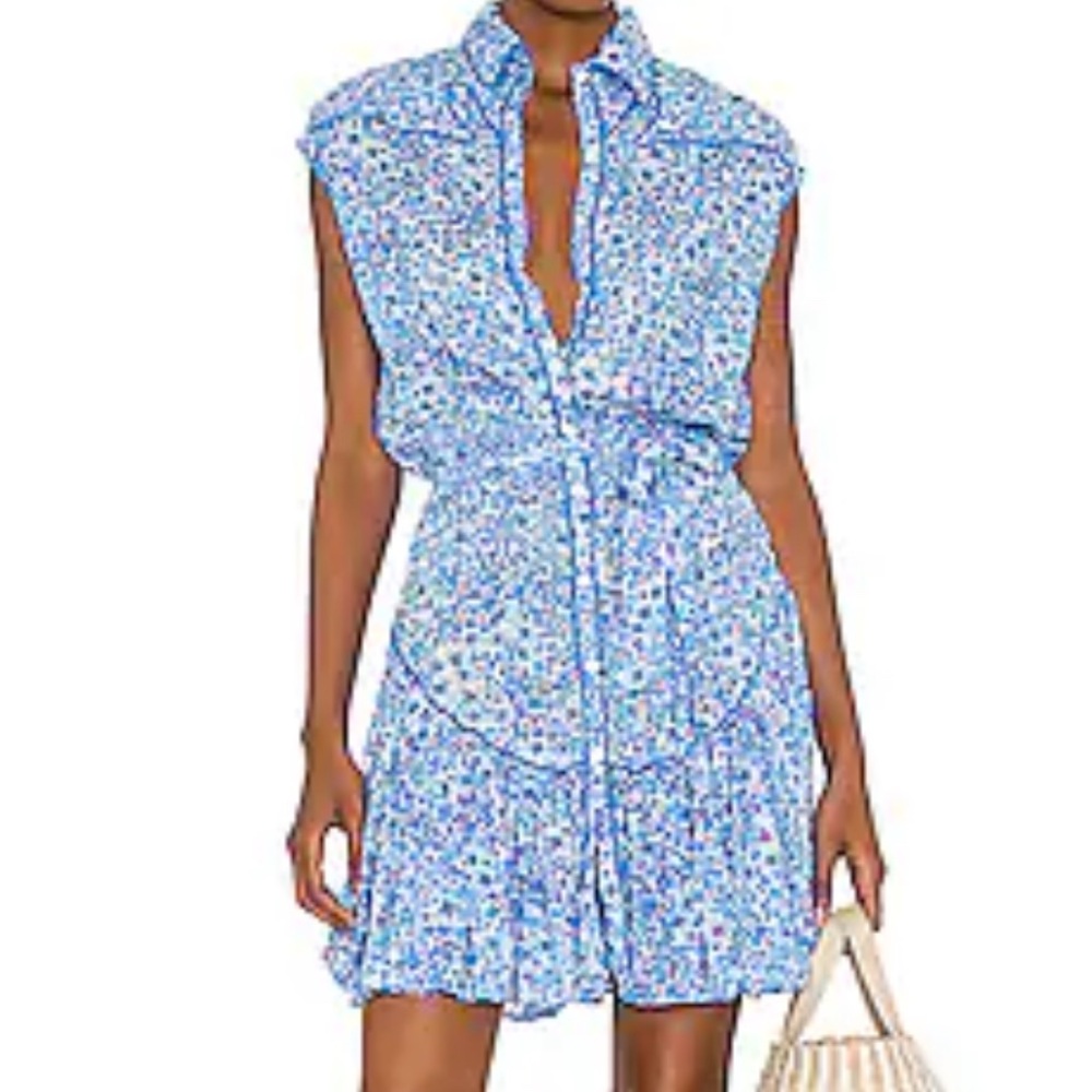 Poupette St. Barth Blue and White Ruffled Tie Front Mini Dress